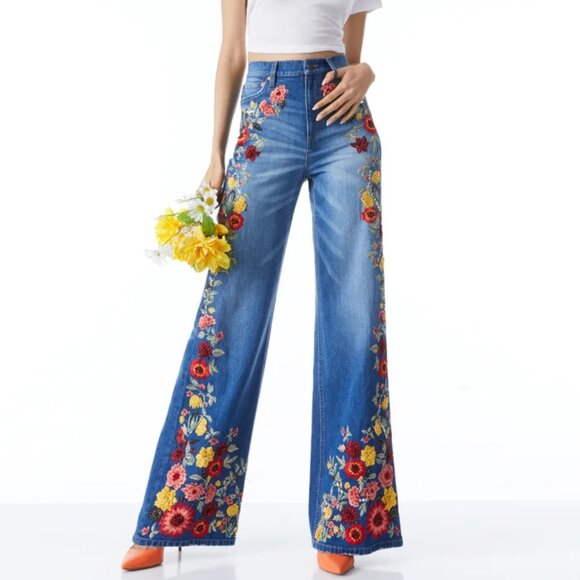 Alice + Olivia Denim - Alice + Olivia Gorgeous Embroidered Wide Leg Jeans in Pasadena Blue size 28 NWT
